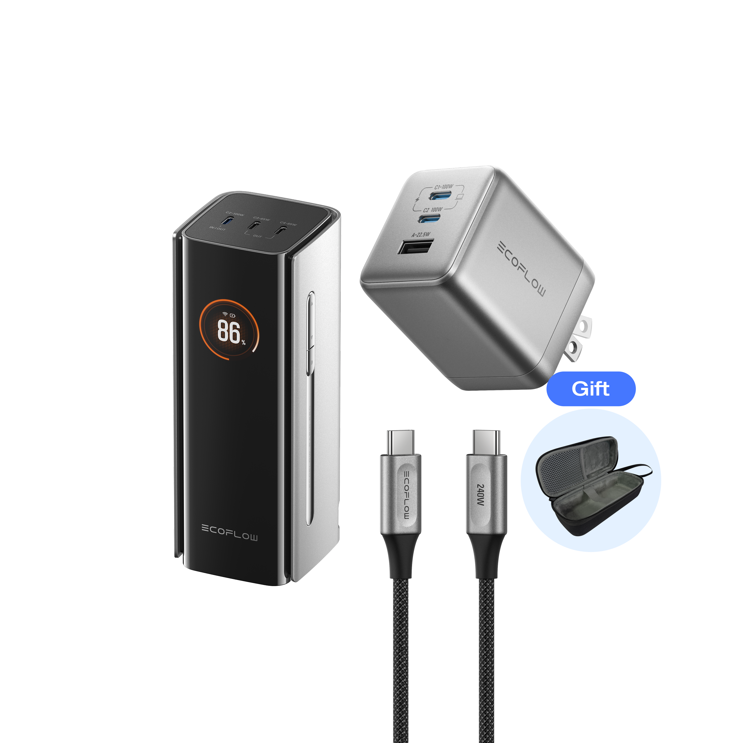 RAPID Pro Power Bank(20,000mAh, 230W, 100W USB-Cケーブル内蔵)+ 100W GaN急速充電器 + 240W USB Type-C to Cケーブル