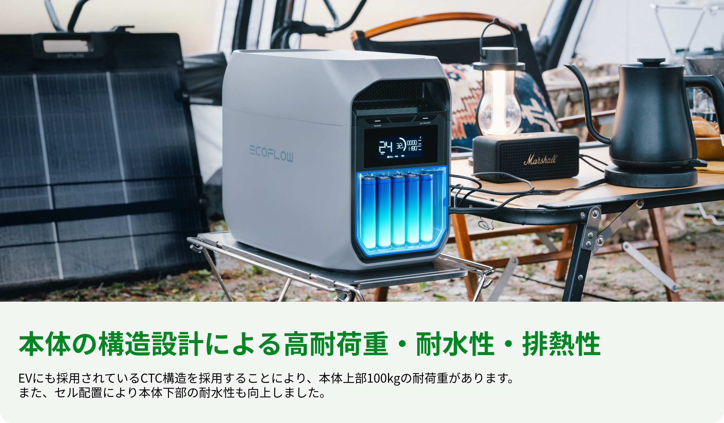 夏の停電対策 EcoFlow DELTA 3 Classic EcoFlow DELTA 3 Classicをキャンプサイトのテーブルに設置し、ソーラーパネルと組み合わせて使用している様子